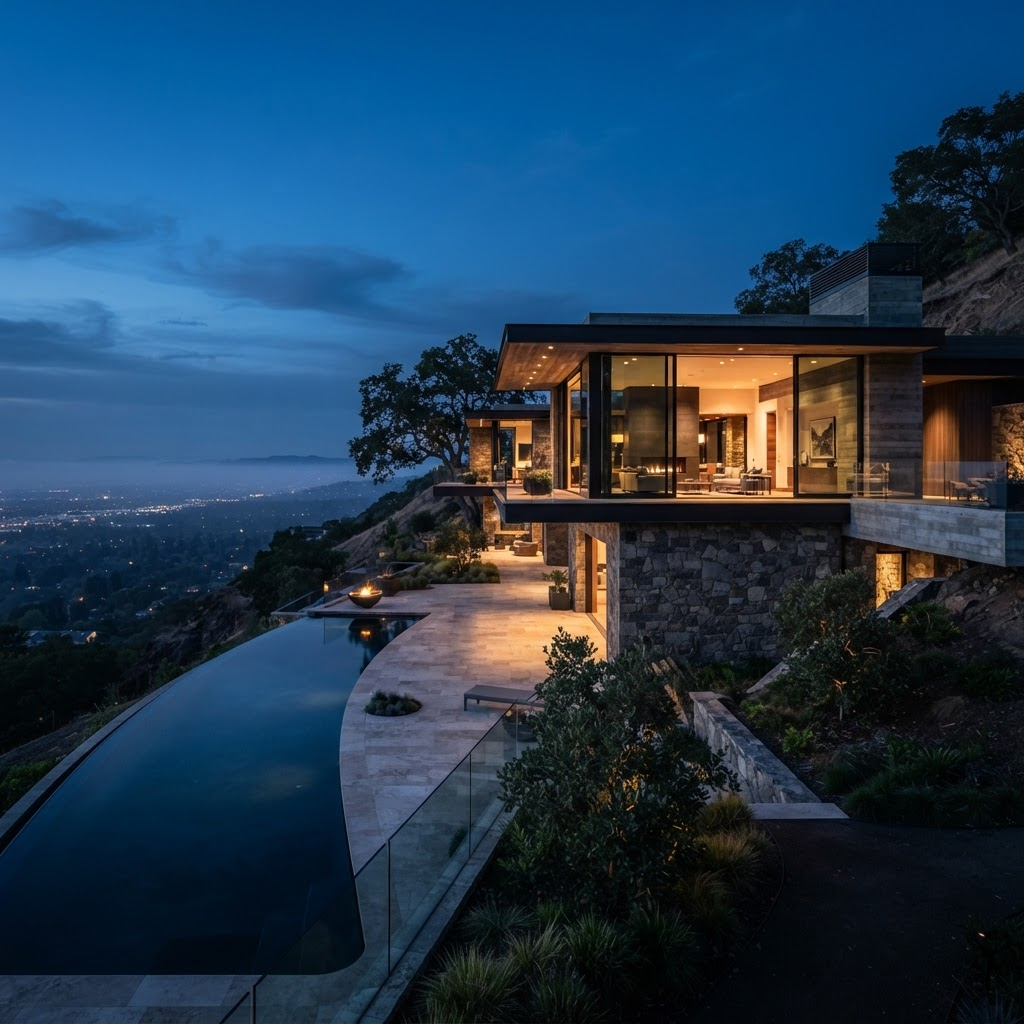 An exceptional contemporary hillside estate in the Bay Area at dusk