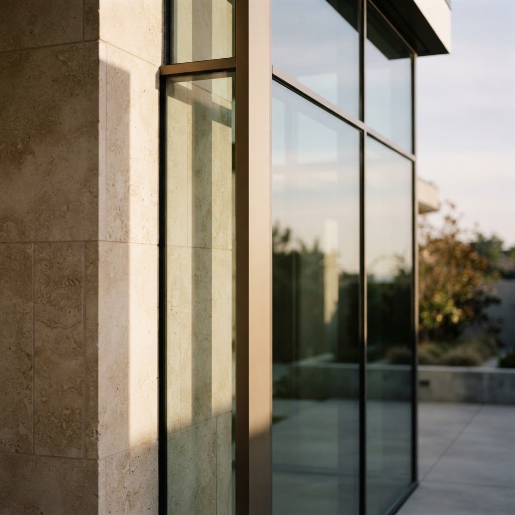 Architectural detail where stone, glass, and a champagne-bronze fin meet in raking light