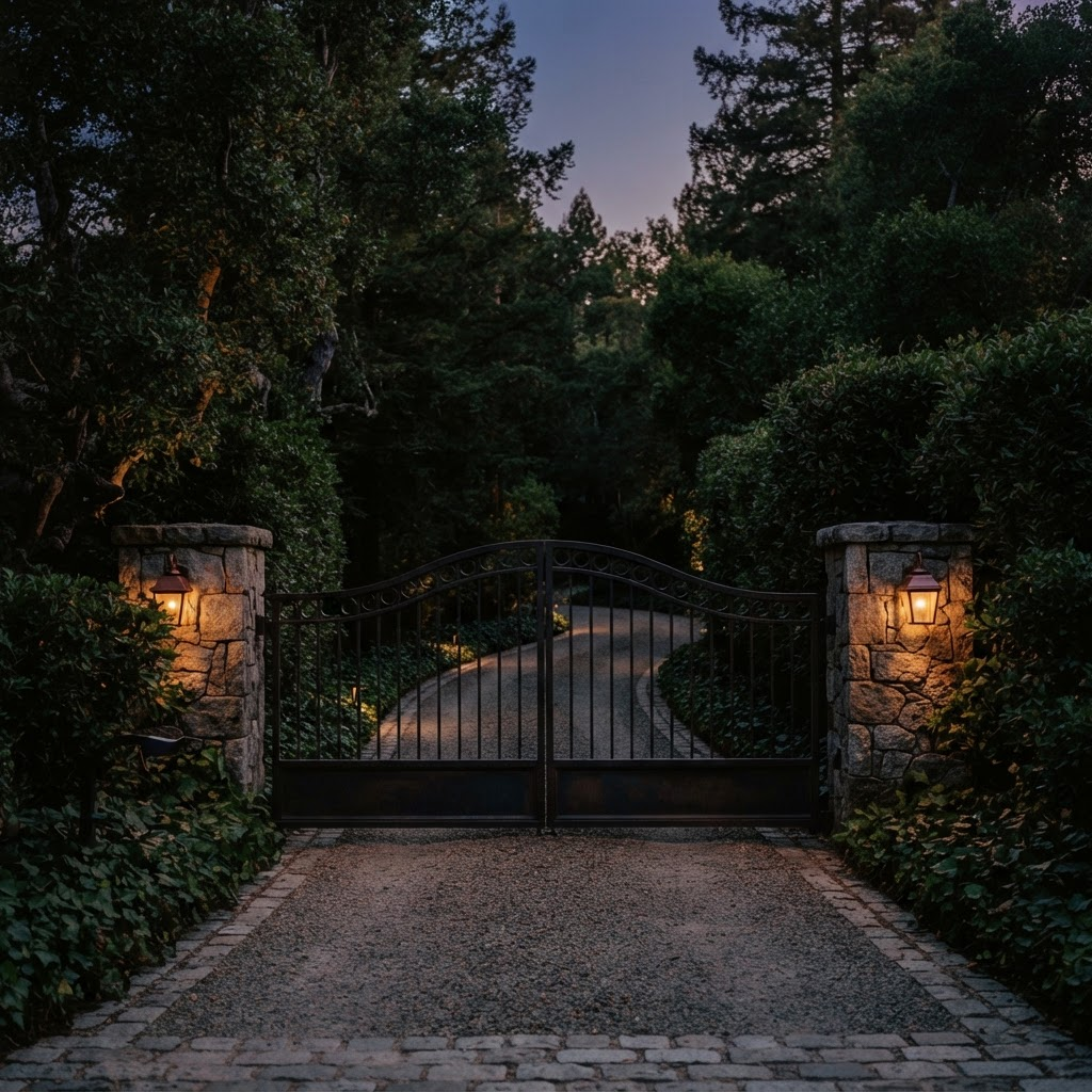 A discreet private estate entrance at dusk